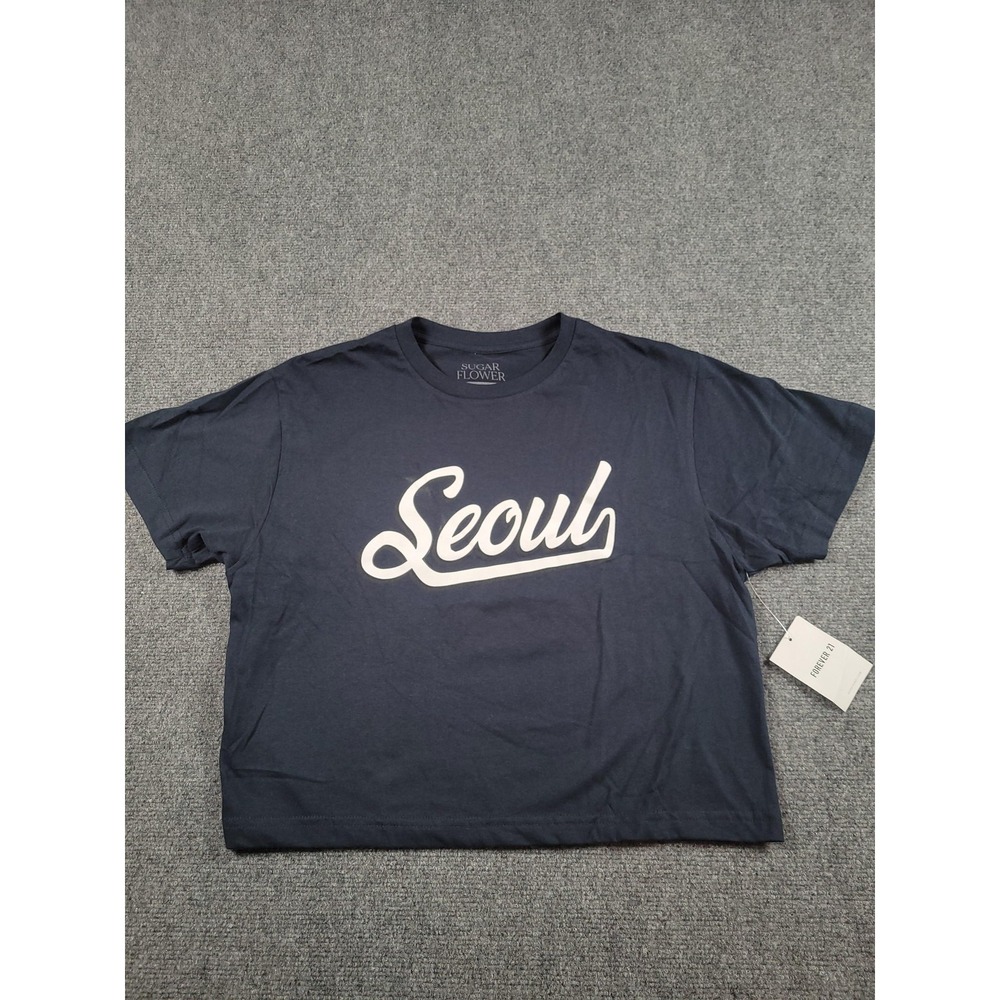 Sugar Flower T-Shirt Womens Medium Navy Blue Seoul Graphic Cropped Forever 21